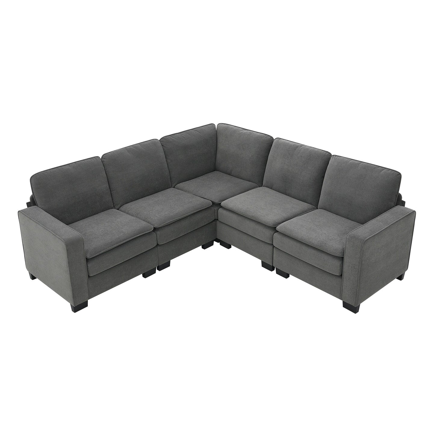 Grey 89'' Velvet L-Shaped 5-Seater Sectional Sofa with Double Cushions, Sturdy Wood and Iron Frame
