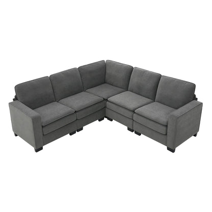Grey 89'' Velvet L-Shaped 5-Seater Sectional Sofa with Double Cushions, Sturdy Wood and Iron Frame