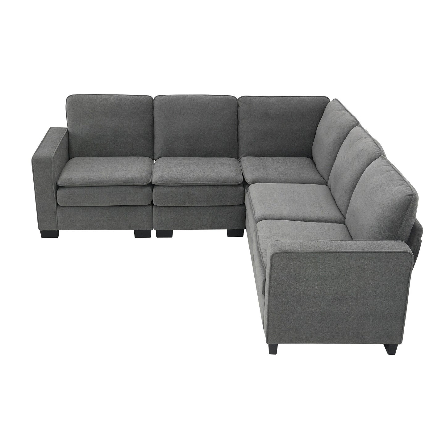 Grey 89'' Velvet L-Shaped 5-Seater Sectional Sofa with Double Cushions, Sturdy Wood and Iron Frame