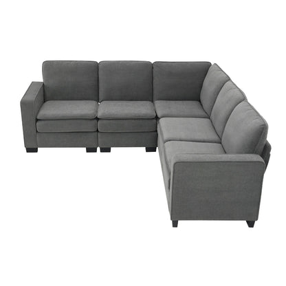 Grey 89'' Velvet L-Shaped 5-Seater Sectional Sofa with Double Cushions, Sturdy Wood and Iron Frame
