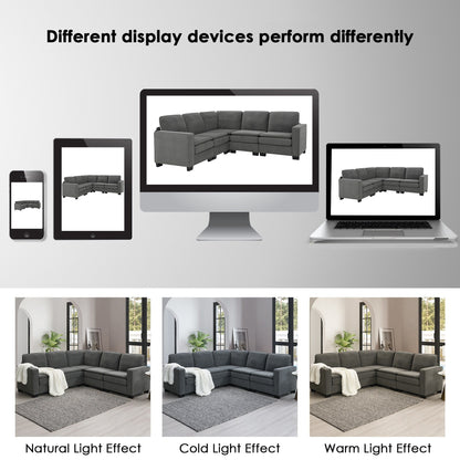 Grey 89'' Velvet L-Shaped 5-Seater Sectional Sofa with Double Cushions, Sturdy Wood and Iron Frame