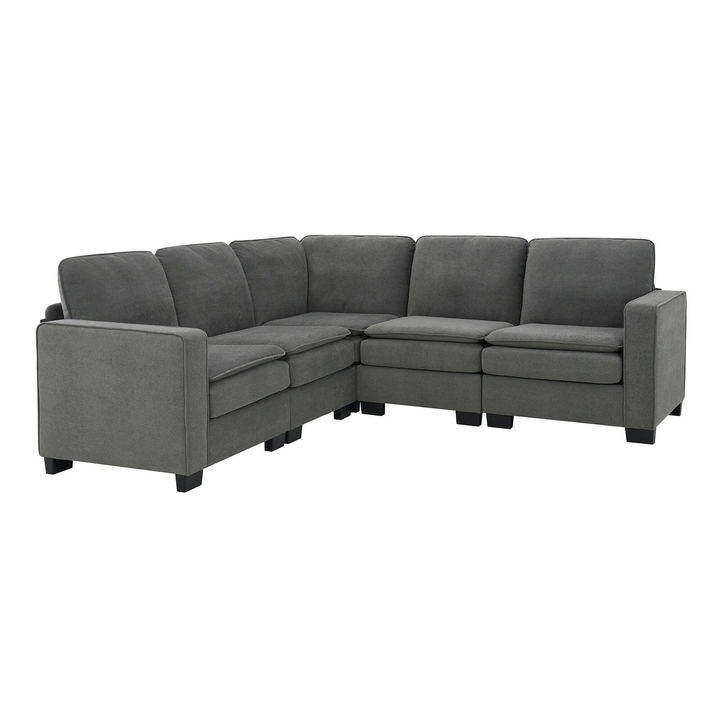Grey 89'' Velvet L-Shaped 5-Seater Sectional Sofa with Double Cushions, Sturdy Wood and Iron Frame