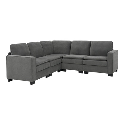Grey 89'' Velvet L-Shaped 5-Seater Sectional Sofa with Double Cushions, Sturdy Wood and Iron Frame