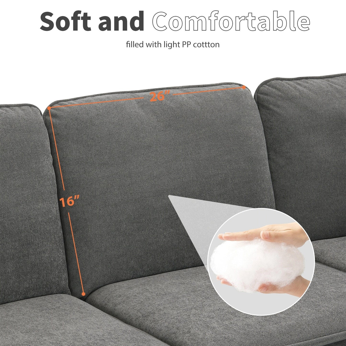 Grey 89'' Velvet L-Shaped 5-Seater Sectional Sofa with Double Cushions, Sturdy Wood and Iron Frame
