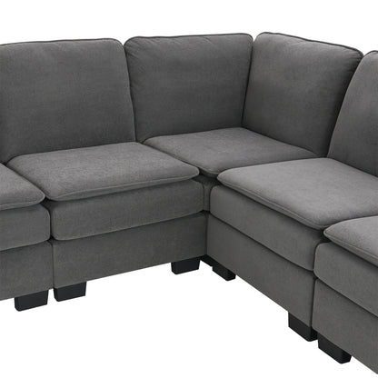 Grey 89'' Velvet L-Shaped 5-Seater Sectional Sofa with Double Cushions, Sturdy Wood and Iron Frame