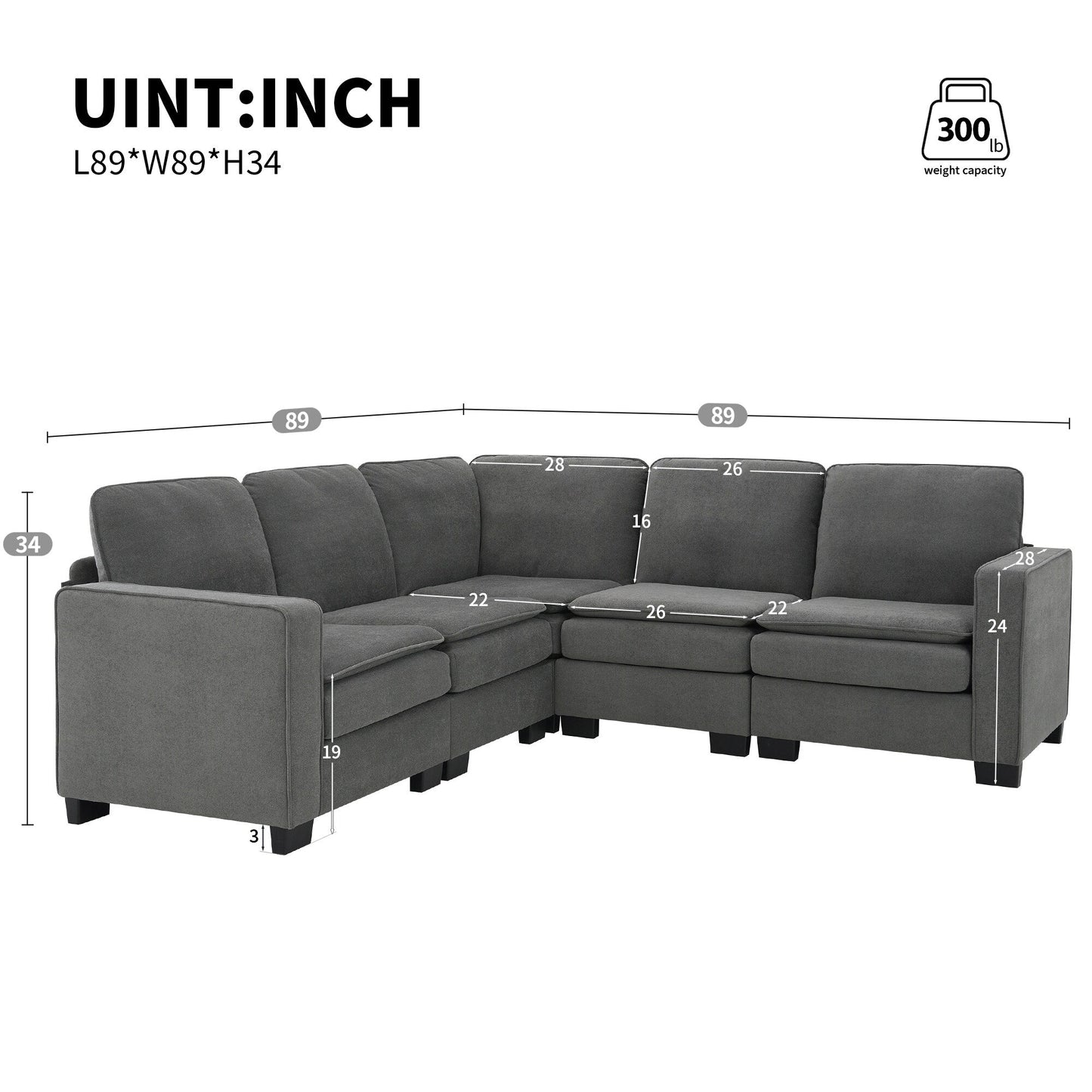 Grey 89'' Velvet L-Shaped 5-Seater Sectional Sofa with Double Cushions, Sturdy Wood and Iron Frame