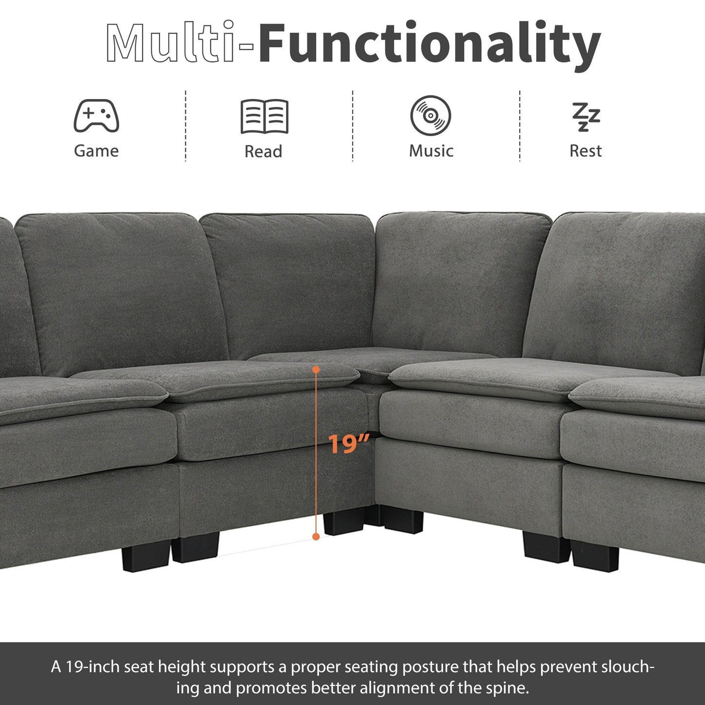 Grey 89'' Velvet L-Shaped 5-Seater Sectional Sofa with Double Cushions, Sturdy Wood and Iron Frame