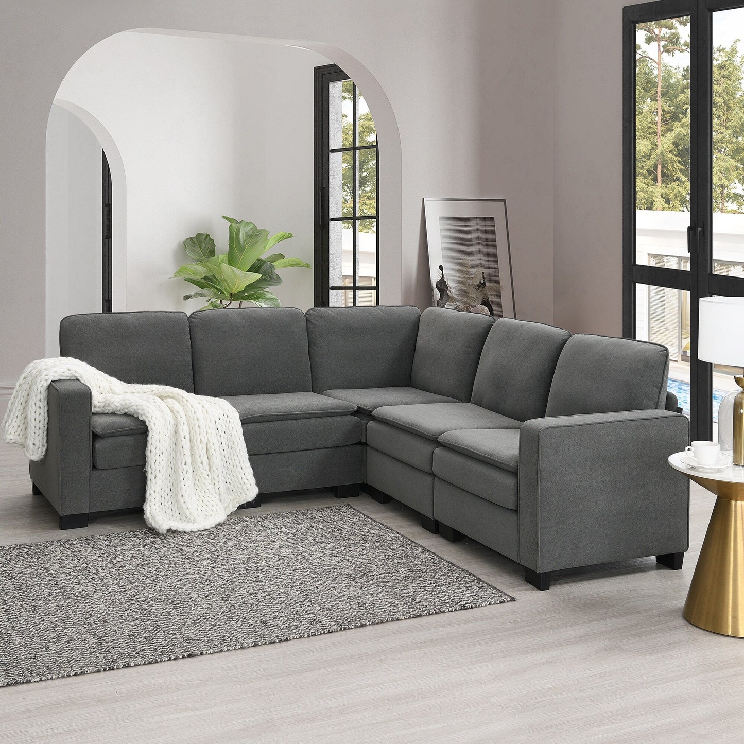 Grey 89'' Velvet L-Shaped 5-Seater Sectional Sofa with Double Cushions, Sturdy Wood and Iron Frame