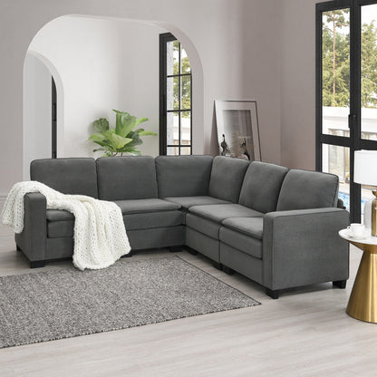 Grey 89'' Velvet L-Shaped 5-Seater Sectional Sofa with Double Cushions, Sturdy Wood and Iron Frame