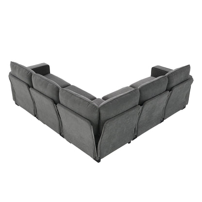 Grey 89'' Velvet L-Shaped 5-Seater Sectional Sofa with Double Cushions, Sturdy Wood and Iron Frame