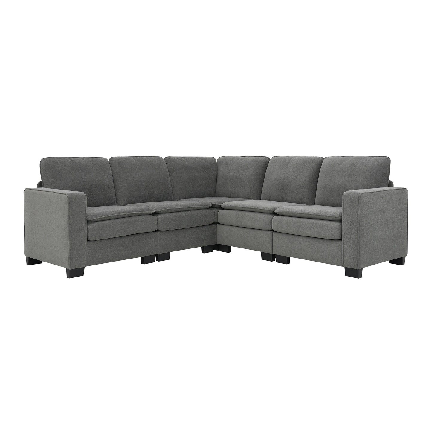 Grey 89'' Velvet L-Shaped 5-Seater Sectional Sofa with Double Cushions, Sturdy Wood and Iron Frame