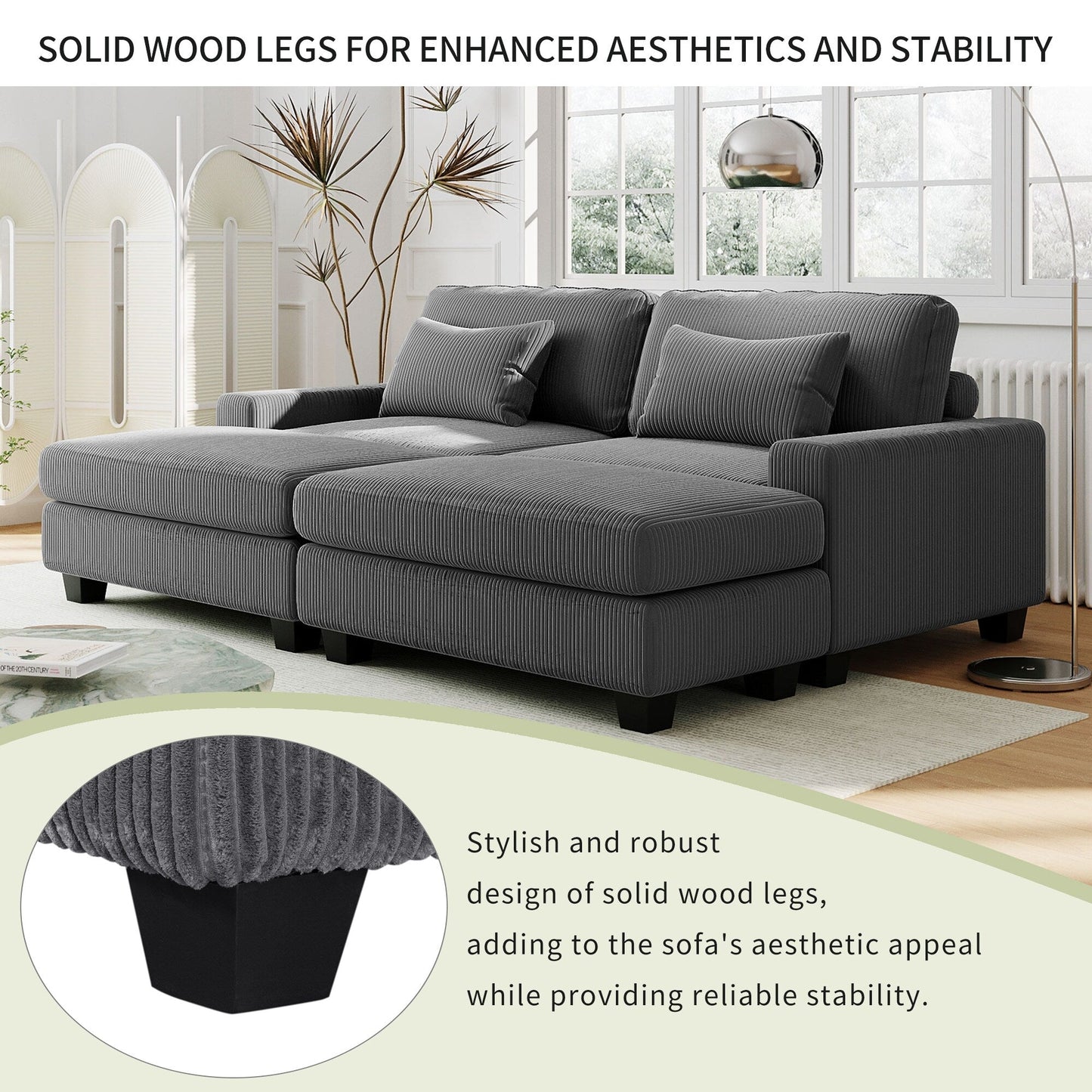 Grey 90 Corduroy Sleeper Sofa with Square Arms, Removable Cushions, and 2 Pillows