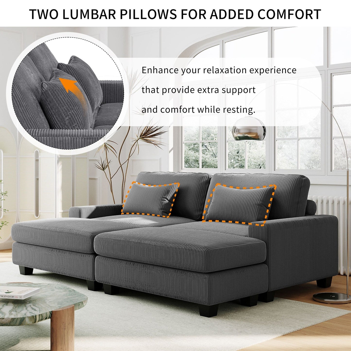 Grey 90 Corduroy Sleeper Sofa with Square Arms, Removable Cushions, and 2 Pillows