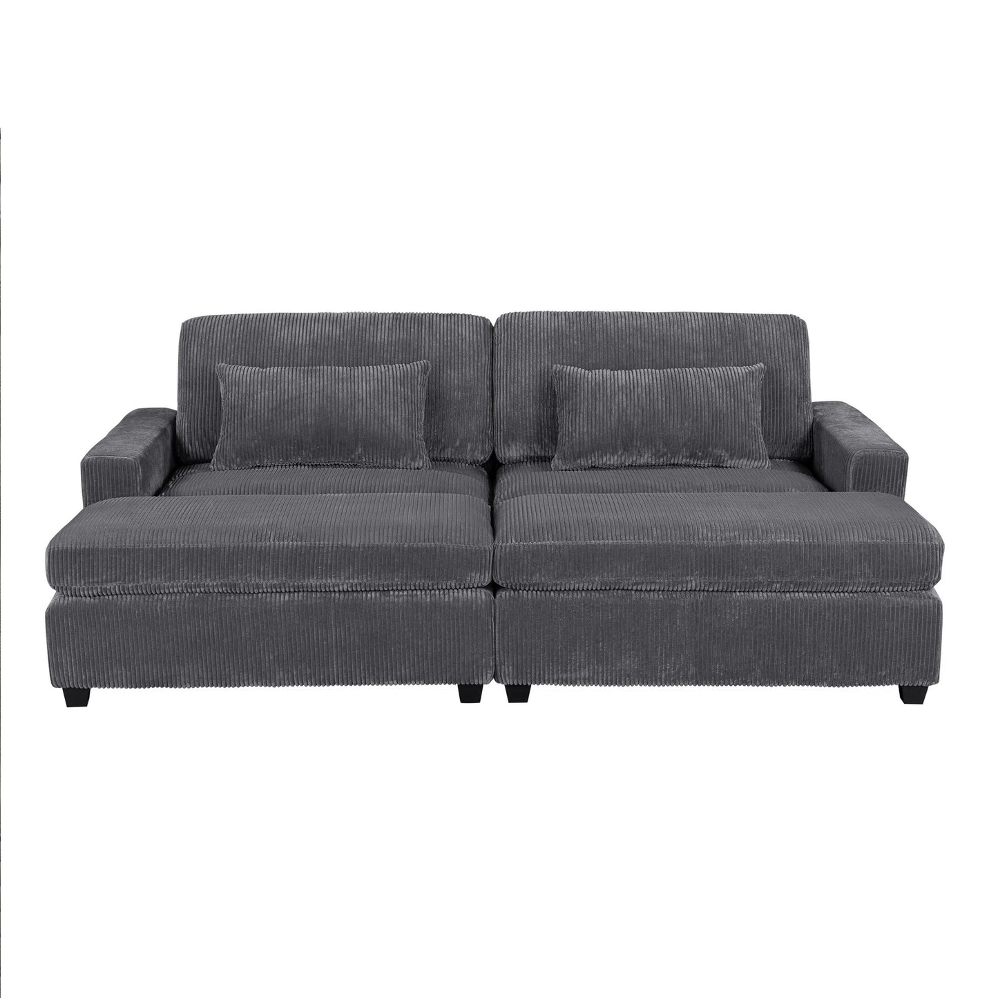 Grey 90 Corduroy Sleeper Sofa with Square Arms, Removable Cushions, and 2 Pillows