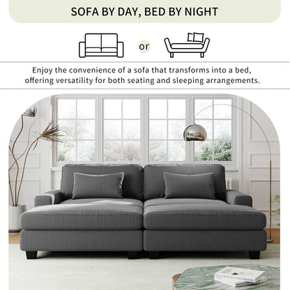 Grey 90 Corduroy Sleeper Sofa with Square Arms, Removable Cushions, and 2 Pillows