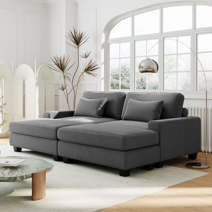 Grey 90 Polyester 2-Seater Sofa with Removable Cushions, 2 Pillows, and Detachable Ottomans