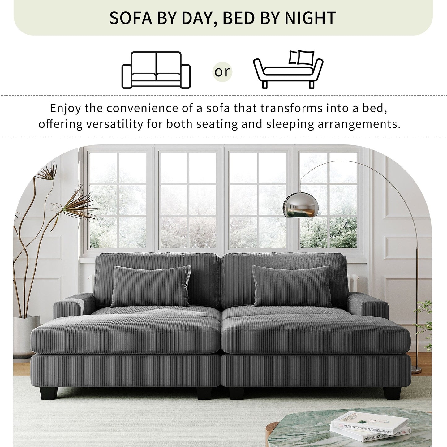 Grey 90'' Polyester 2-Seater Sofa with Removable Back Cushions and Detachable Ottomans