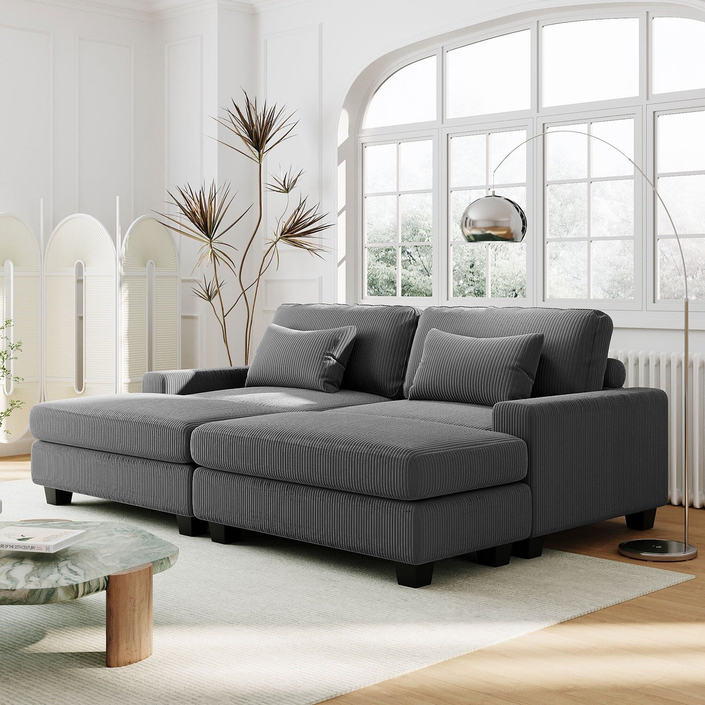 Grey 90'' Polyester 2-Seater Sofa with Removable Back Cushions and Detachable Ottomans