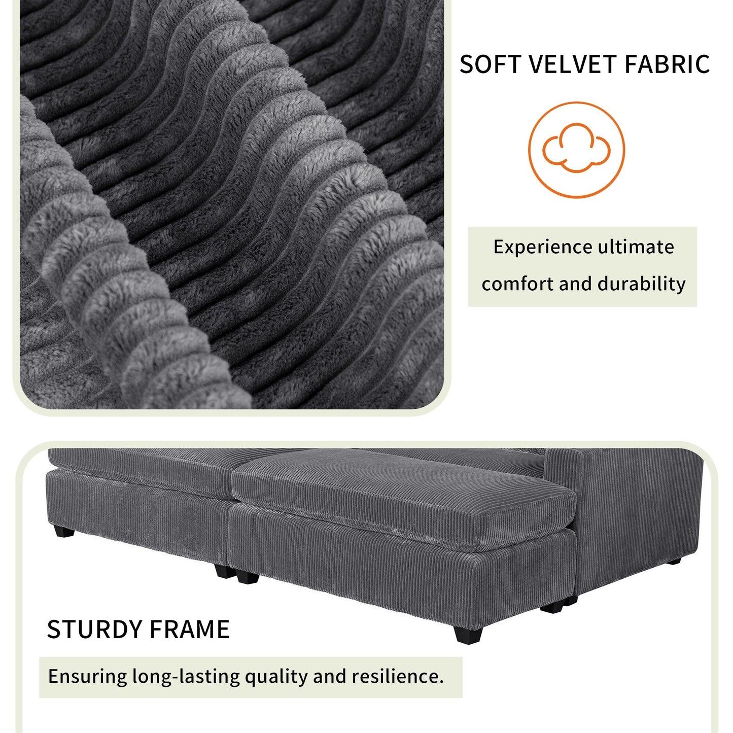Grey 90'' Polyester 2-Seater Sofa with Removable Back Cushions and Detachable Ottomans