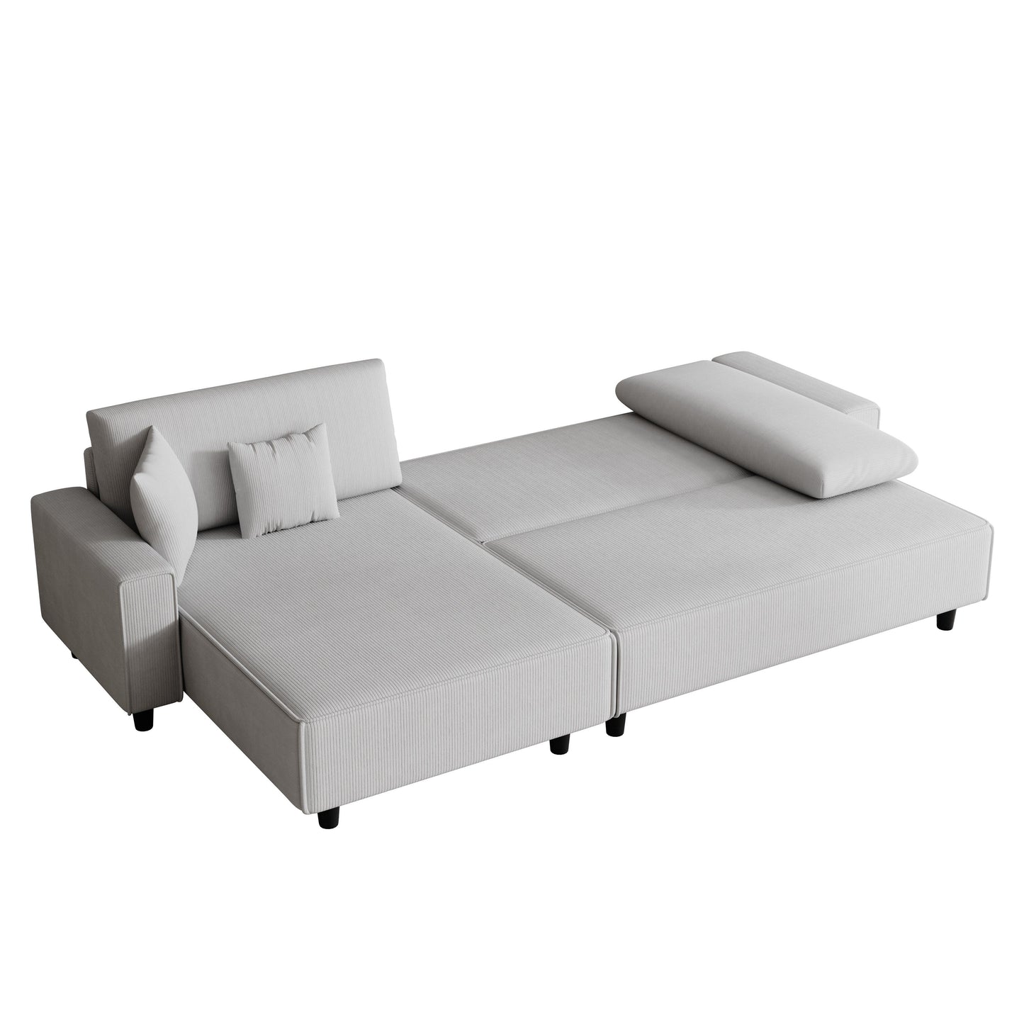 Grey 93'' Corduroy 3-Seater Sofa Bed with 2 Throw Pillows, Convertible Chaise, Storage, and Adjustable Configuration