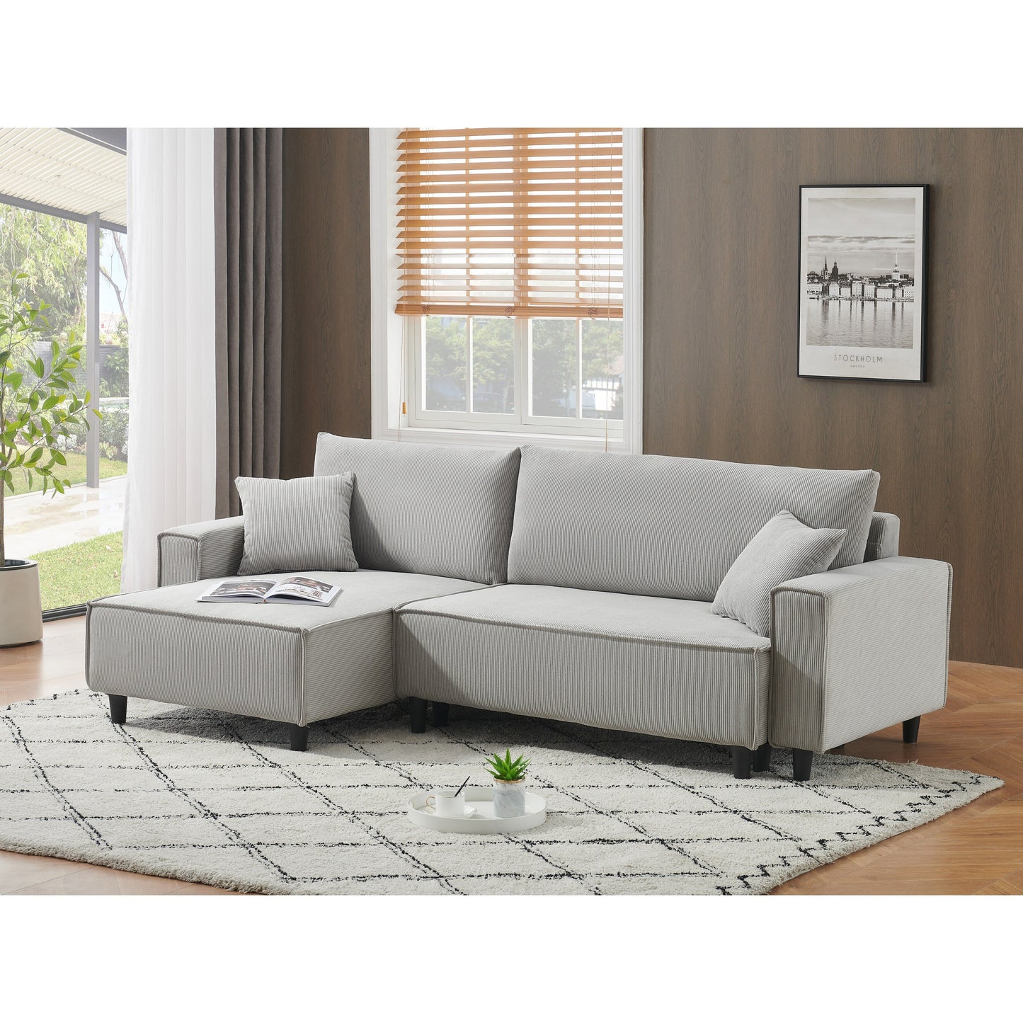 Grey 93'' Corduroy 3-Seater Sofa Bed with 2 Throw Pillows, Convertible Chaise, Storage, and Adjustable Configuration