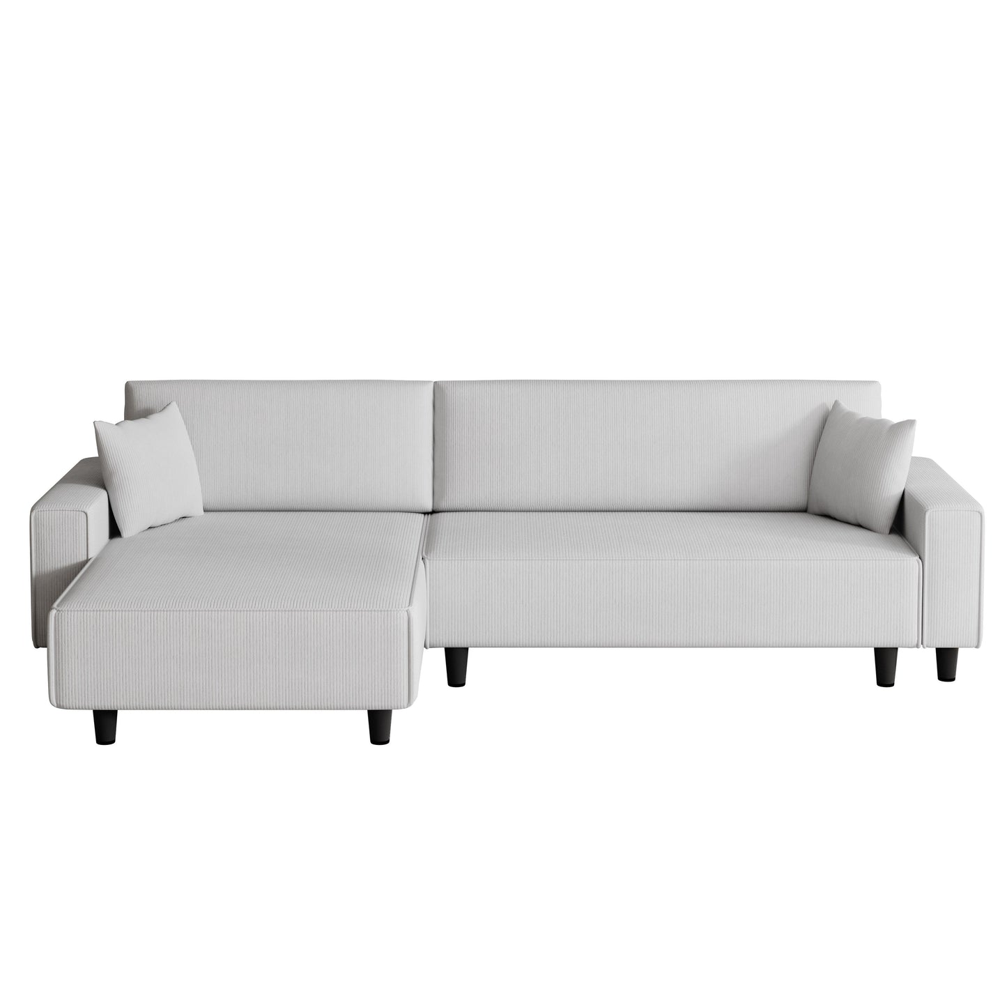 Grey 93'' Corduroy 3-Seater Sofa Bed with 2 Throw Pillows, Convertible Chaise, Storage, and Adjustable Configuration