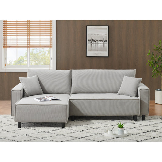 Grey 93'' Corduroy 3-Seater Sofa Bed with 2 Throw Pillows, Convertible Chaise, Storage, and Adjustable Configuration