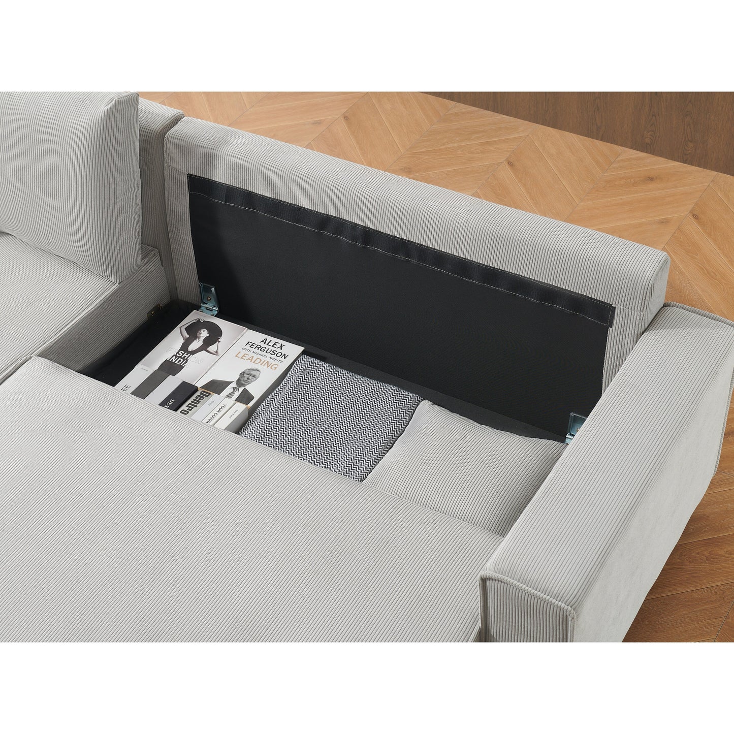 Grey 93'' Corduroy 3-Seater Sofa Bed with 2 Throw Pillows, Convertible Chaise, Storage, and Adjustable Configuration