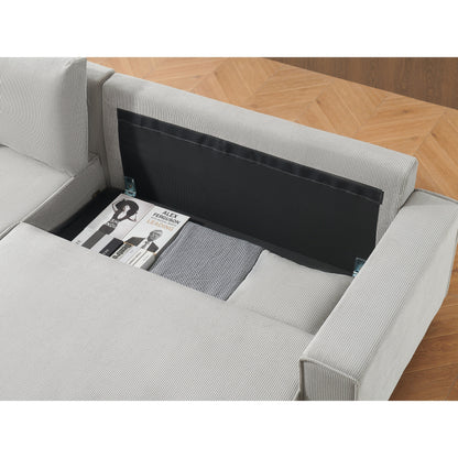 Grey 93'' Corduroy 3-Seater Sofa Bed with 2 Throw Pillows, Convertible Chaise, Storage, and Adjustable Configuration