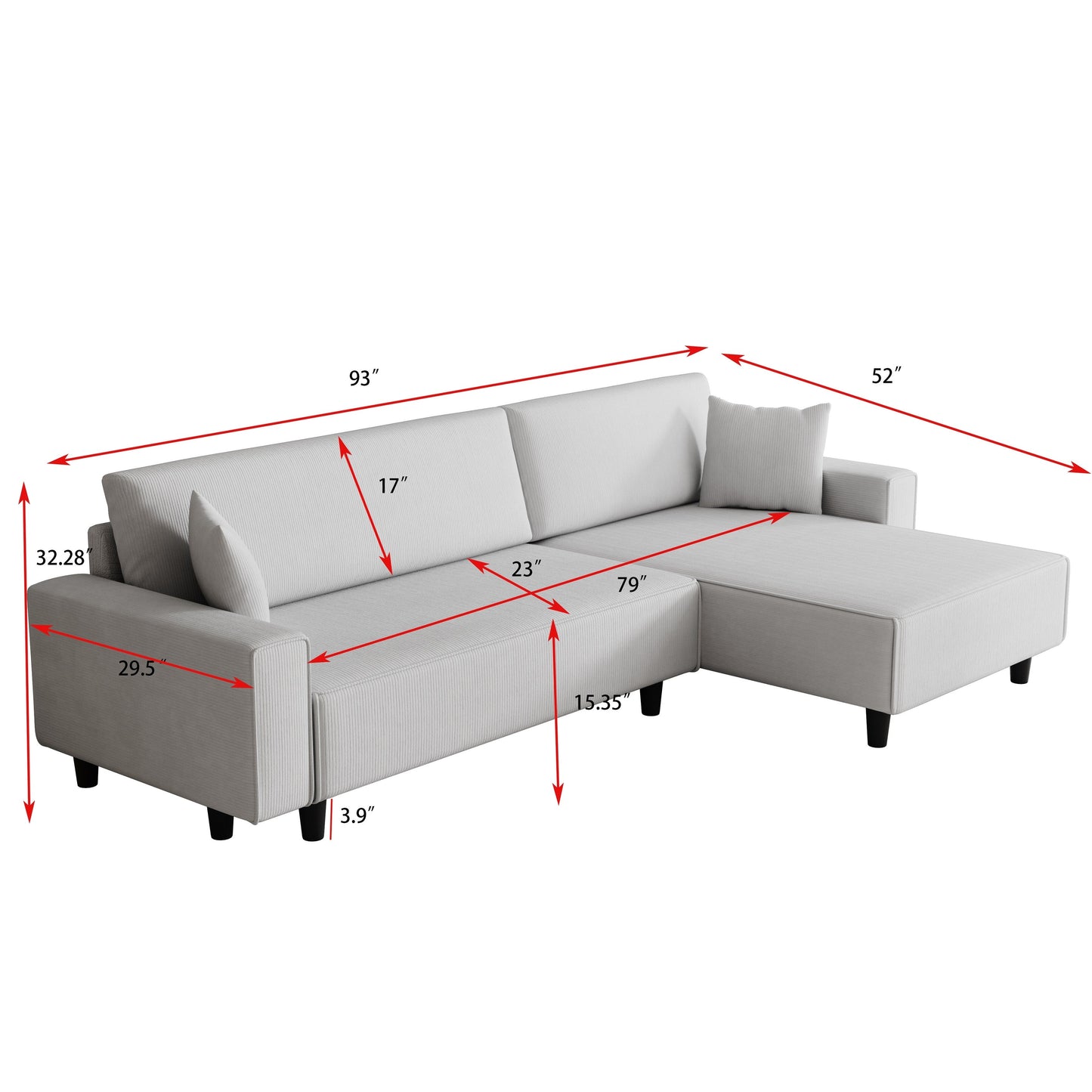 Grey 93'' Corduroy 3-Seater Sofa Bed with 2 Throw Pillows, Convertible Chaise, Storage, and Adjustable Configuration