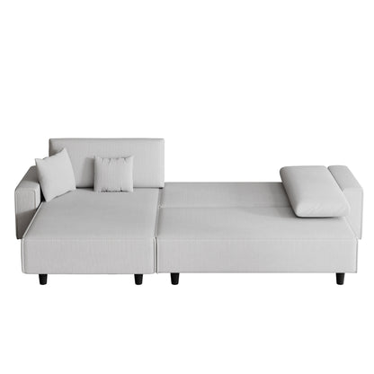 Grey 93'' Corduroy 3-Seater Sofa Bed with 2 Throw Pillows, Convertible Chaise, Storage, and Adjustable Configuration
