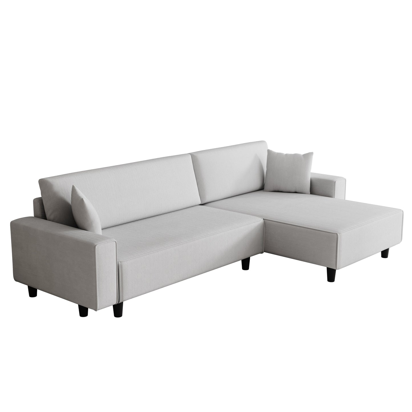Grey 93'' Corduroy 3-Seater Sofa Bed with 2 Throw Pillows, Convertible Chaise, Storage, and Adjustable Configuration