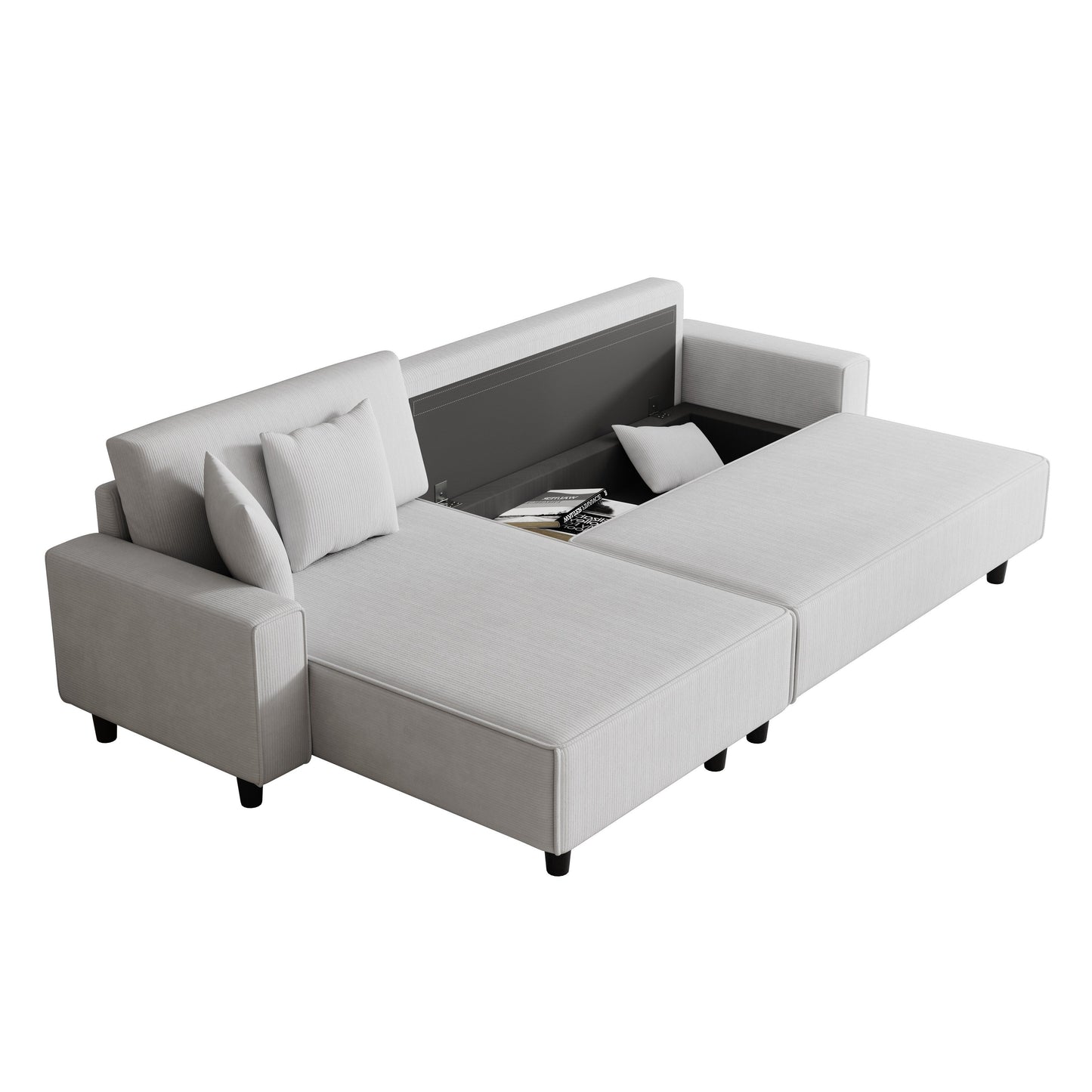 Grey 93'' Corduroy 3-Seater Sofa Bed with 2 Throw Pillows, Convertible Chaise, Storage, and Adjustable Configuration