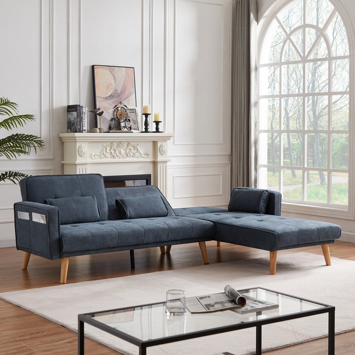 Grey 94.5'' Linen Convertible 3-Seater Sectional Sofa with Storage Organizer and Right Chaise