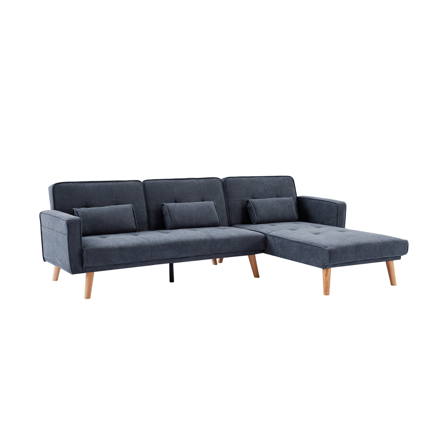 Grey 94.5'' Linen Convertible 3 Seater Sectional Sofa with Storage Organizer, Right Chaise, Foam Cushions and Solid Wood Frame