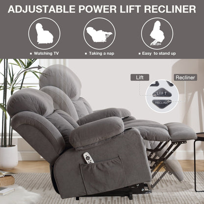 Grey Breathable Fabric Oversized Power Lift Recliner with Massage, Lumbar Heating, USB, 2 Cup Holders