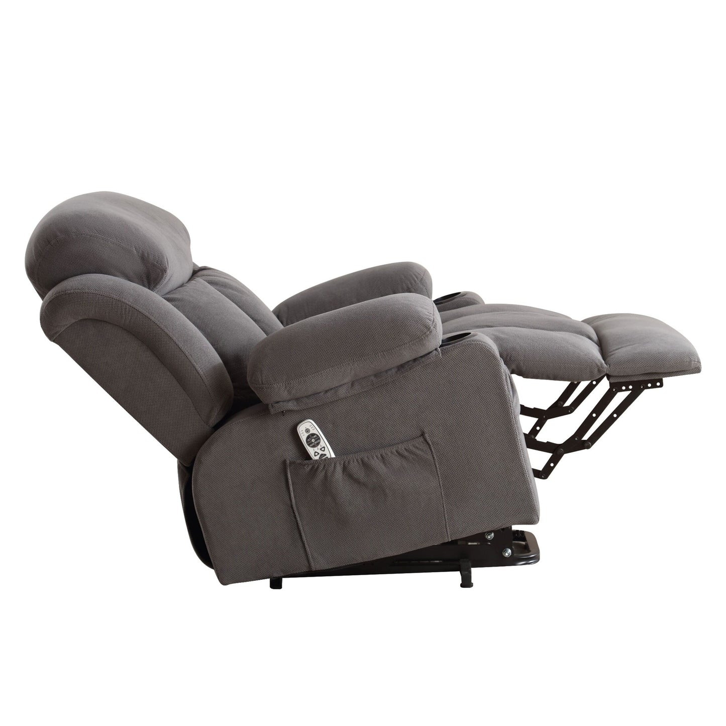 Grey Breathable Fabric Oversized Power Lift Recliner with Massage, Lumbar Heating, USB, 2 Cup Holders