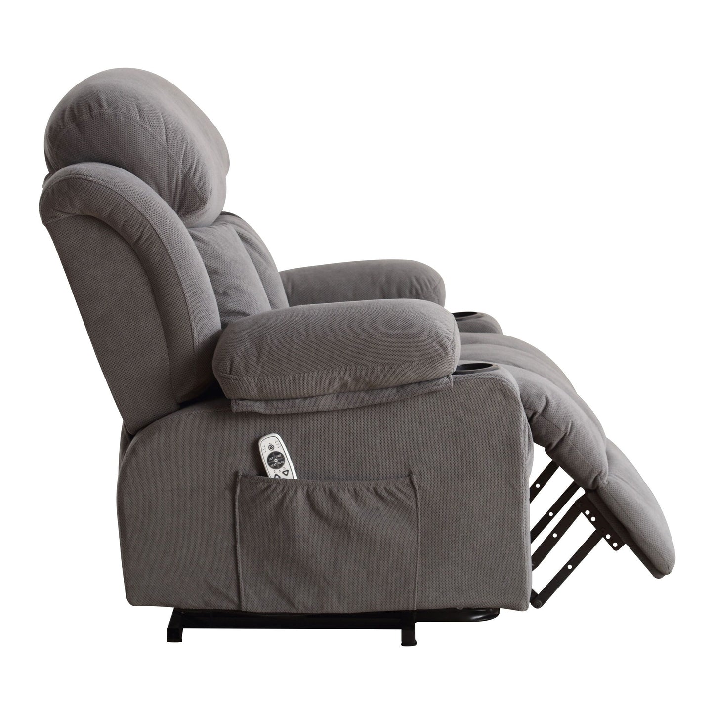 Grey Breathable Fabric Oversized Power Lift Recliner with Massage, Lumbar Heating, USB, 2 Cup Holders