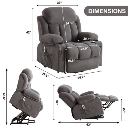 Grey Breathable Fabric Oversized Power Lift Recliner with Massage, Lumbar Heating, USB, 2 Cup Holders