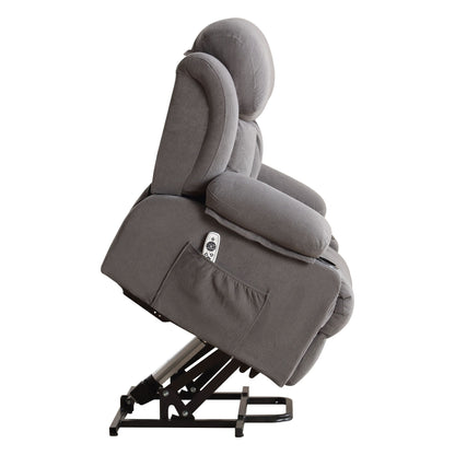 Grey Breathable Fabric Oversized Power Lift Recliner with Massage, Lumbar Heating, USB, 2 Cup Holders