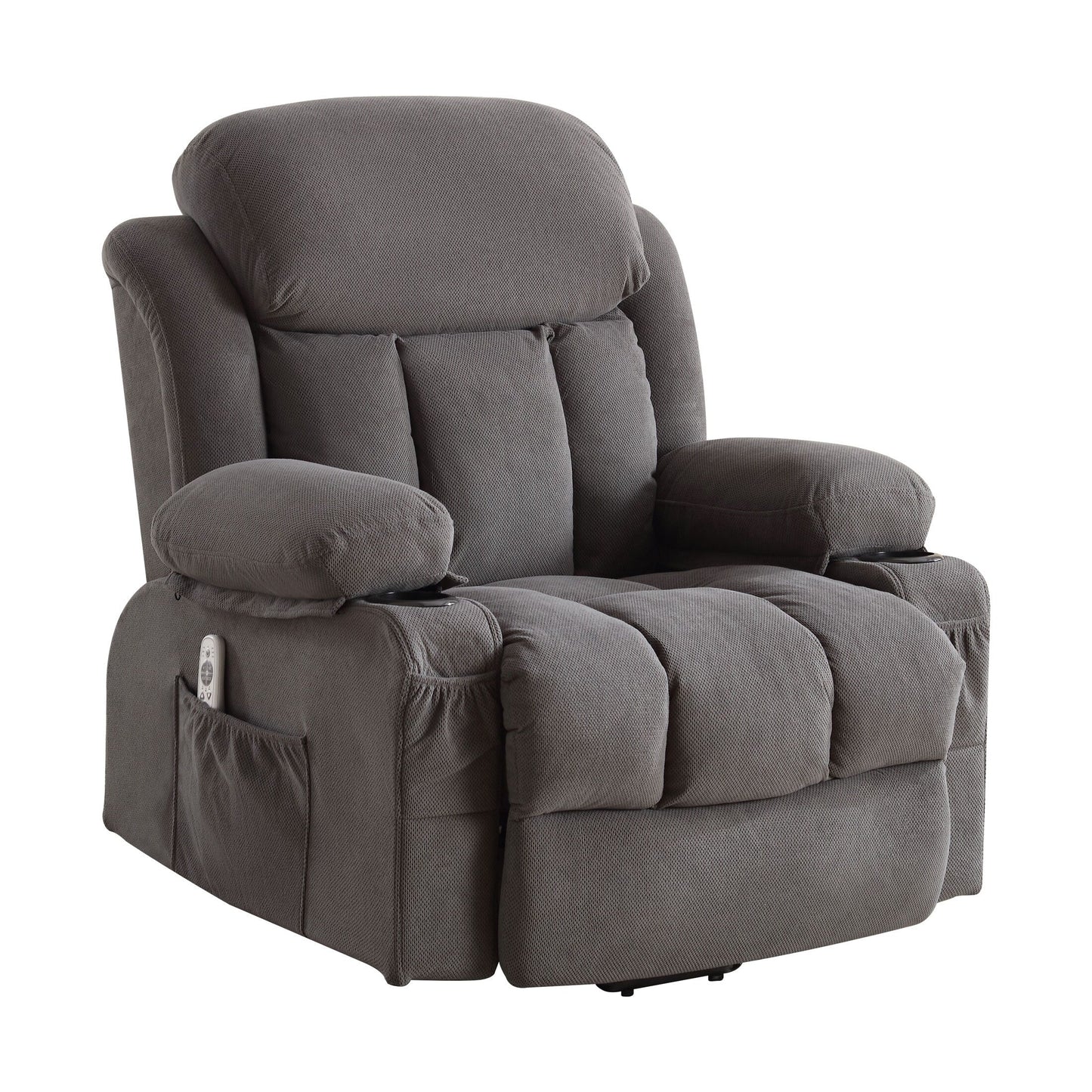 Grey Breathable Fabric Oversized Power Lift Recliner with Massage, Lumbar Heating, USB, 2 Cup Holders
