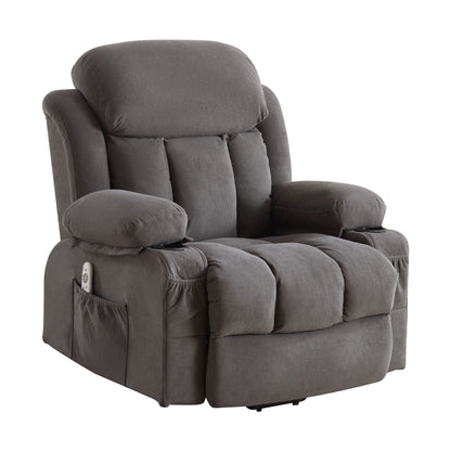 Grey Breathable Fabric Oversized Power Lift Recliner with Massage, Lumbar Heating, USB, 2 Cup Holders