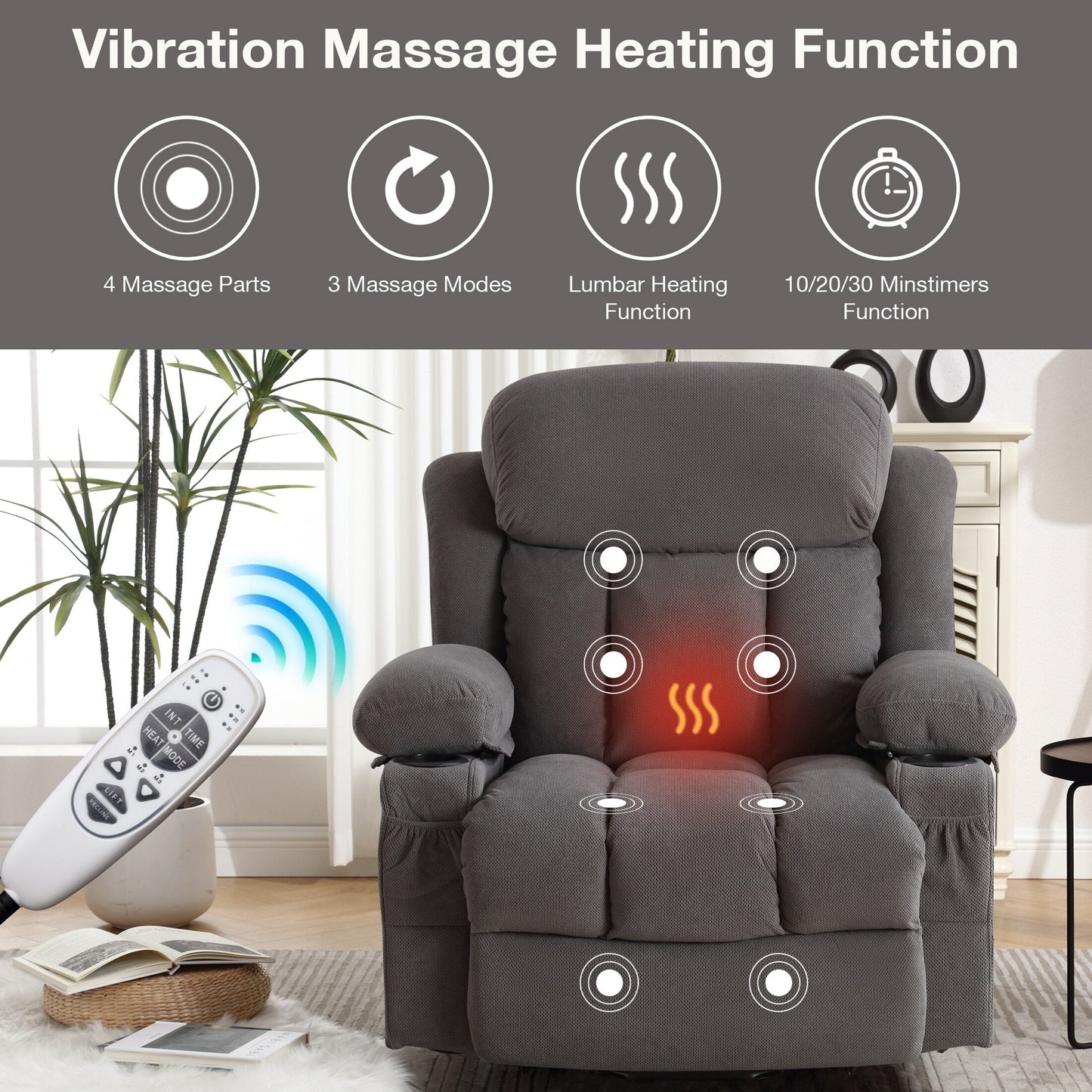Grey Breathable Fabric Oversized Power Lift Recliner with Massage, Lumbar Heating, USB, 2 Cup Holders