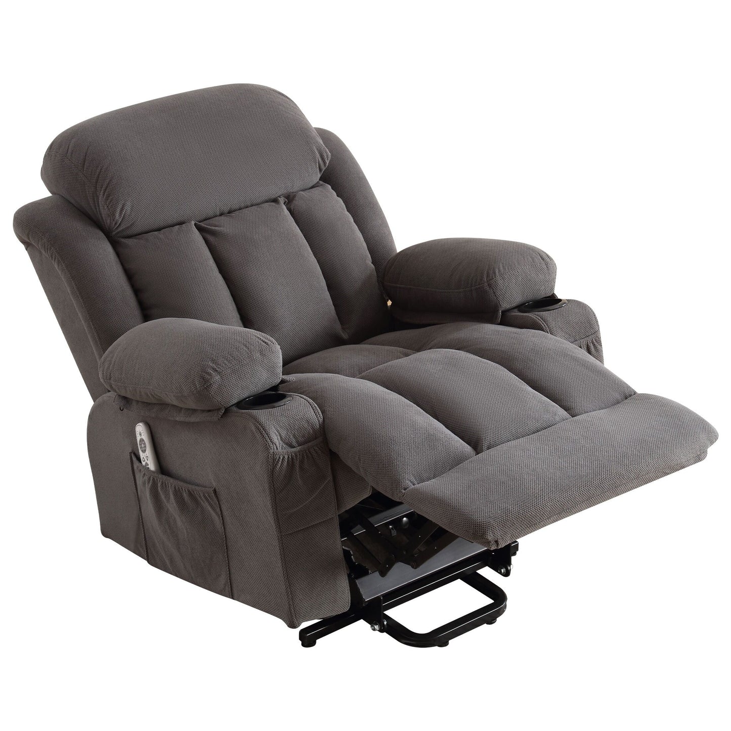 Grey Breathable Fabric Oversized Upholstered Power Lift Massage Recliner with Massage, Lumbar Heating, 2 Cup Holders, USB Port
