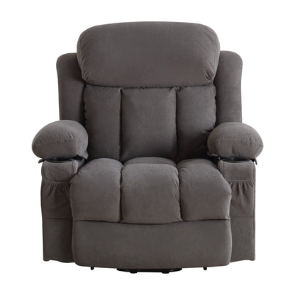 Grey Breathable Fabric Oversized Upholstered Power Lift Massage Recliner with Massage, Lumbar Heating, 2 Cup Holders, USB Port