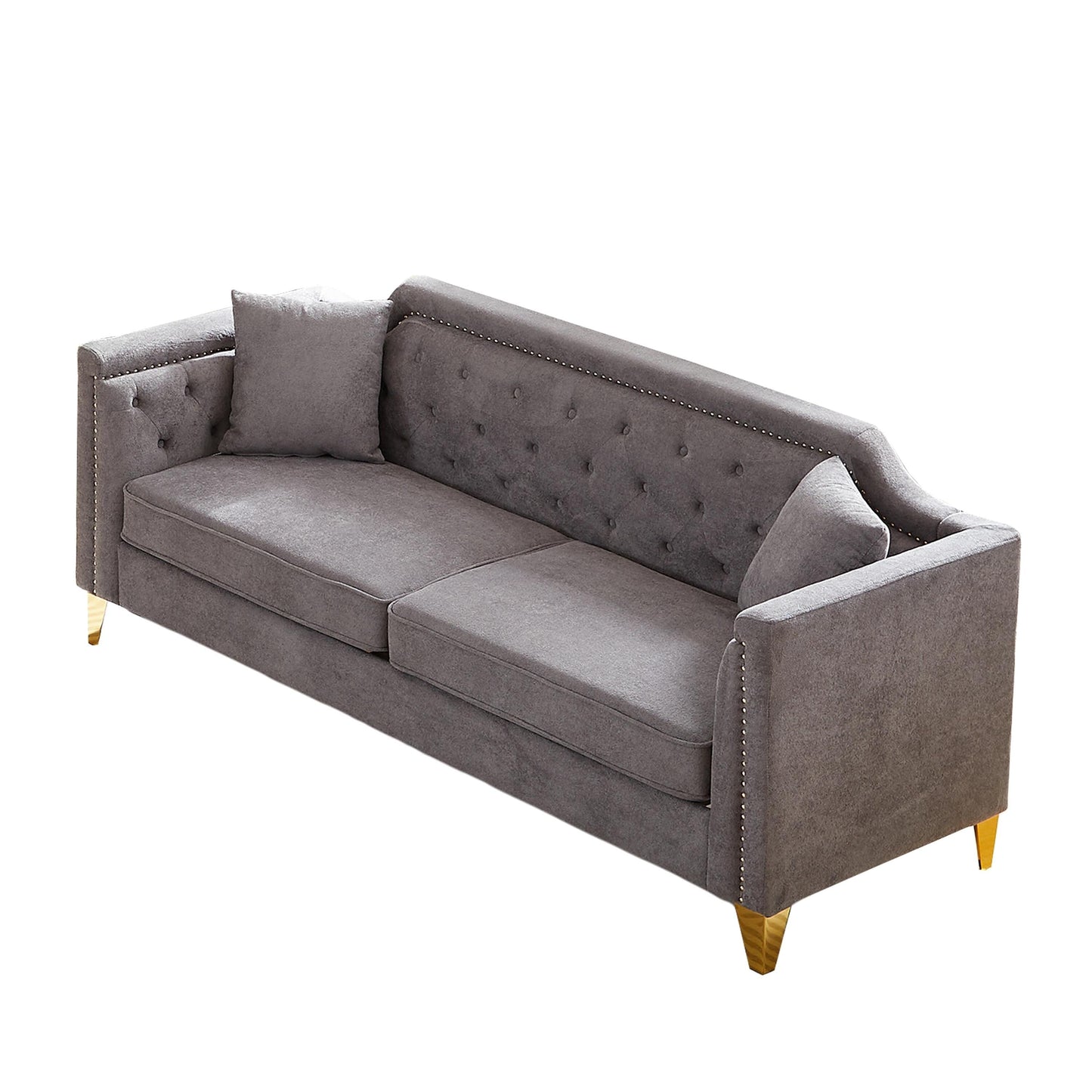 Grey Chenille 3-seater Tufted Sofa with Copper Nail Decoration