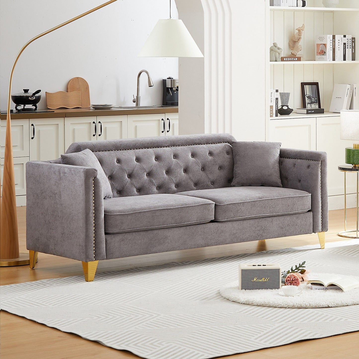 Grey Chenille 3-seater Tufted Sofa with Copper Nail Decoration