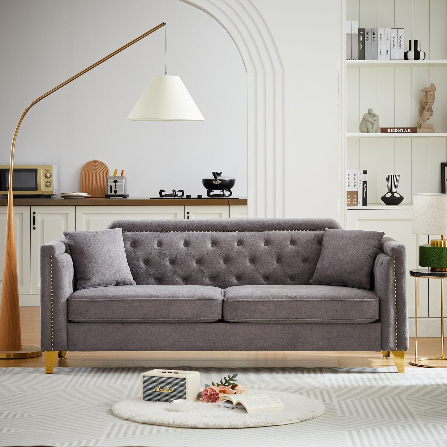Grey Chenille 3-seater Tufted Sofa with Copper Nail Decoration