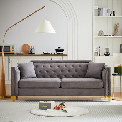 Grey Chenille 3-seater Tufted Sofa with Copper Nail Decoration