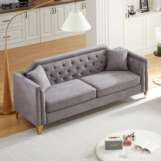 Grey Chenille 3-seater Tufted Sofa with Copper Nail Decoration